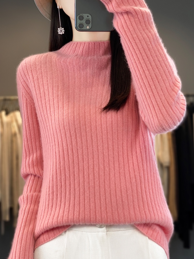 秋冬新款一线成衣半高领坑条羊毛针织衫