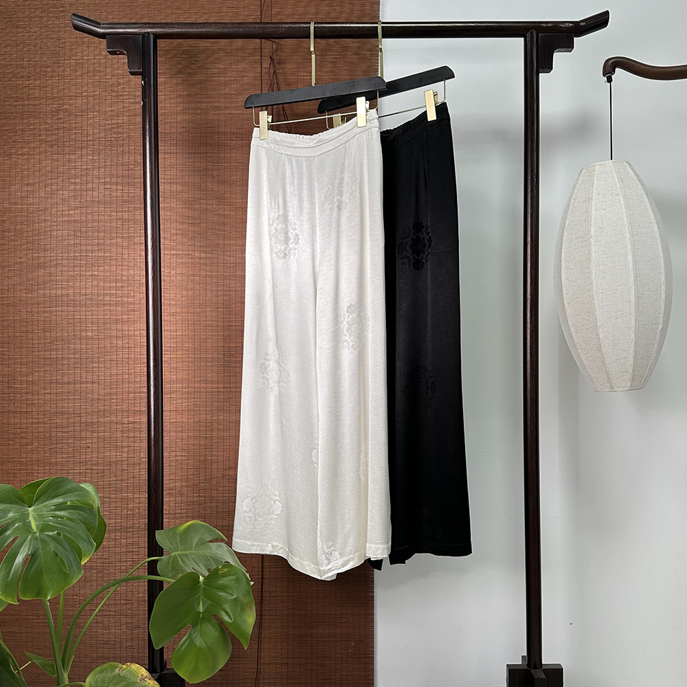 【6866】香云纱 40姆米缎面提花花萝阔腿裤直筒裤子