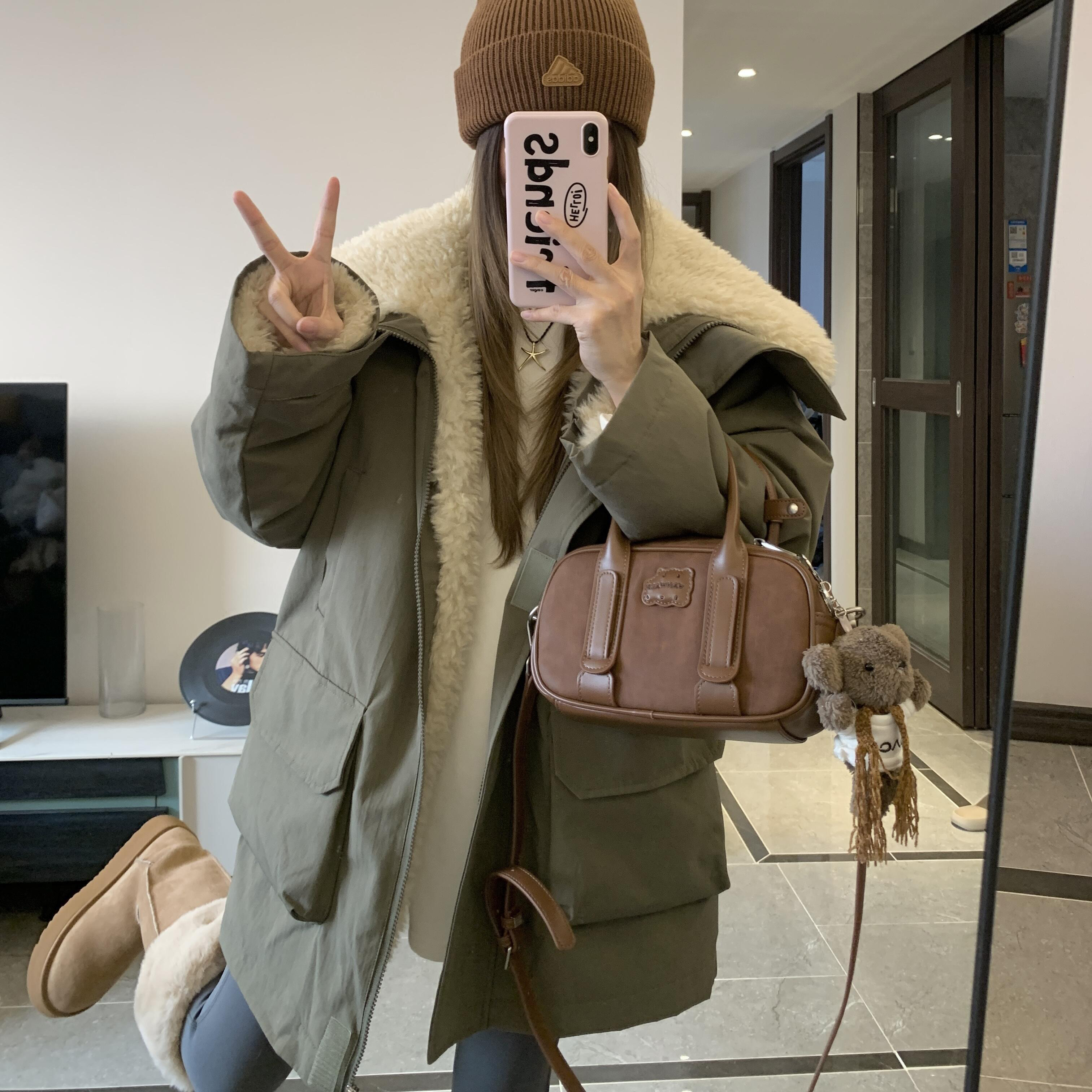 2025年新款冬季羊羔毛派克棉服女工装加绒中长款棉袄明星穿搭外套