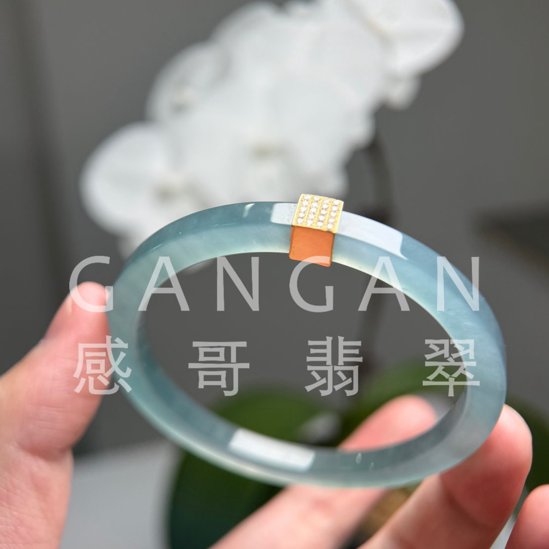 天然A货翡翠手镯危地马拉翡翠蓝冰手镯18K金镶嵌男士手镯61.75圈
