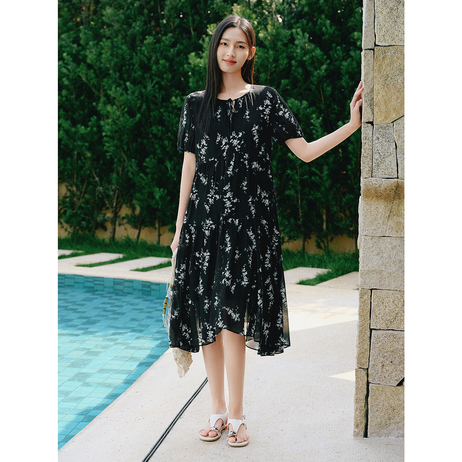 【羊羊专属】玖姿安娜蔻KWFX50117法式度假风减龄真丝印花宽松连衣