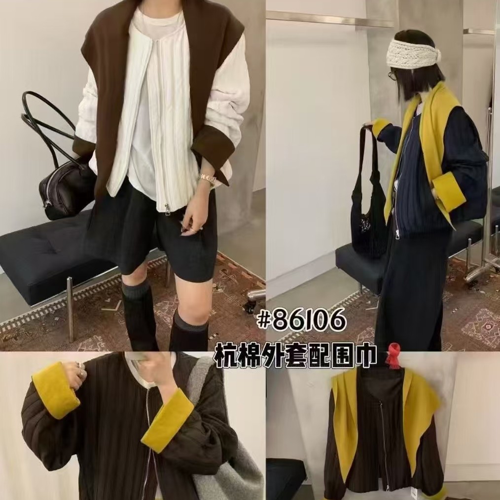 娟儿家短外套短款假两件秋季慵懒风女拉链防风围巾网红韩版