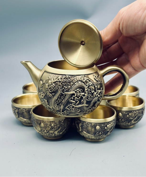 【黄铜龙凤茶壶+6龙凤杯】壶黄铜茶壶家居创意铜器摆件金属黄铜茶
