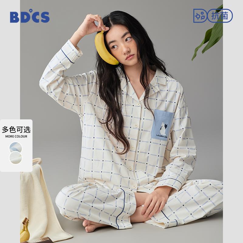 睡衣女春秋款春季纯棉长袖甜美格子女生可外穿休闲卡通家居服套装