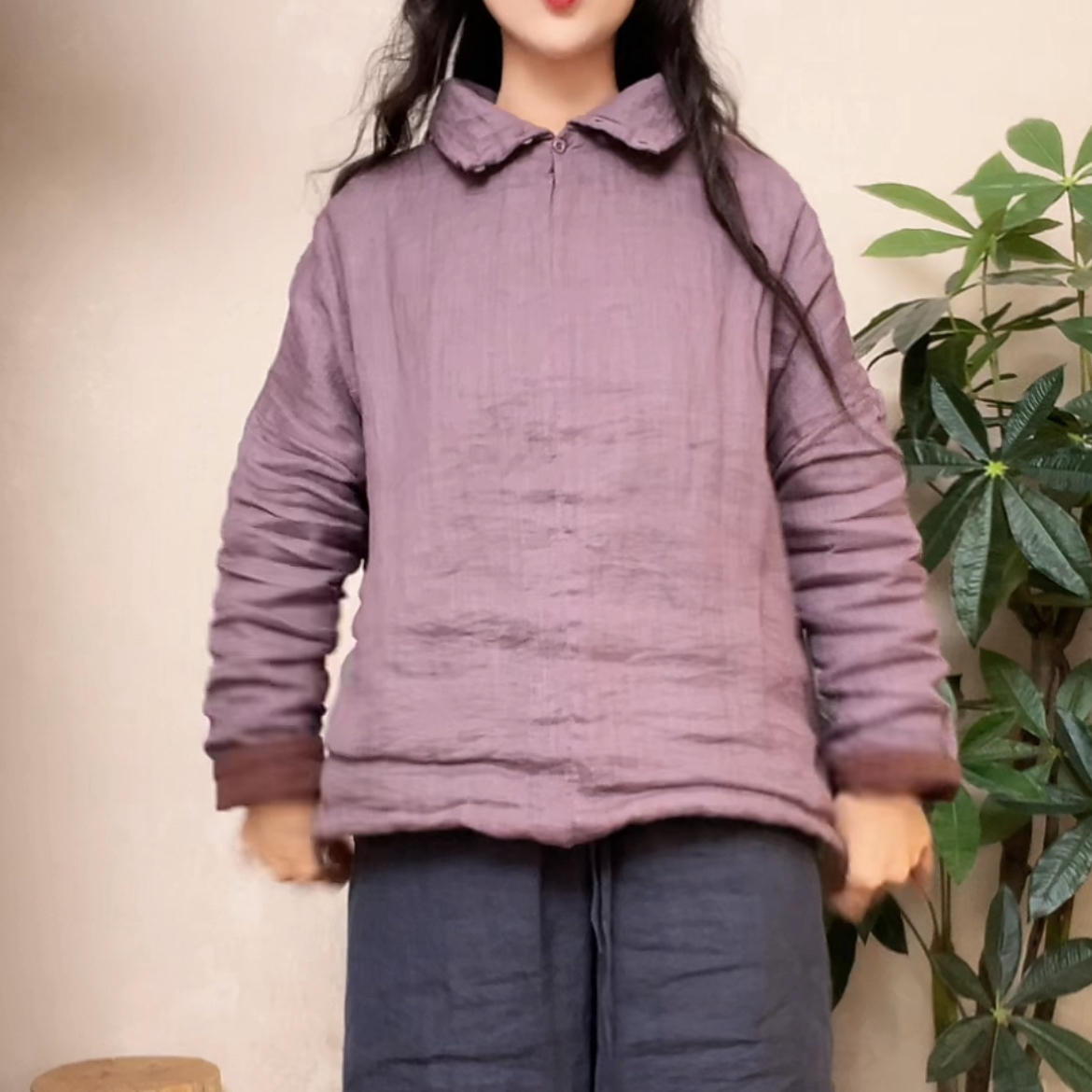 25010麻艺-新款纯苎麻双层加棉堆堆领休闲百搭舒适保暖冬季上衣