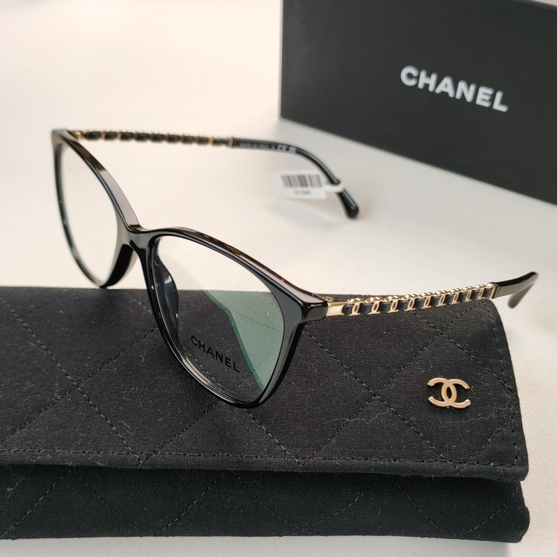95新 Chanel/香奈儿 Azul-黑金3408-Q/52皮穿链平光镜 51784