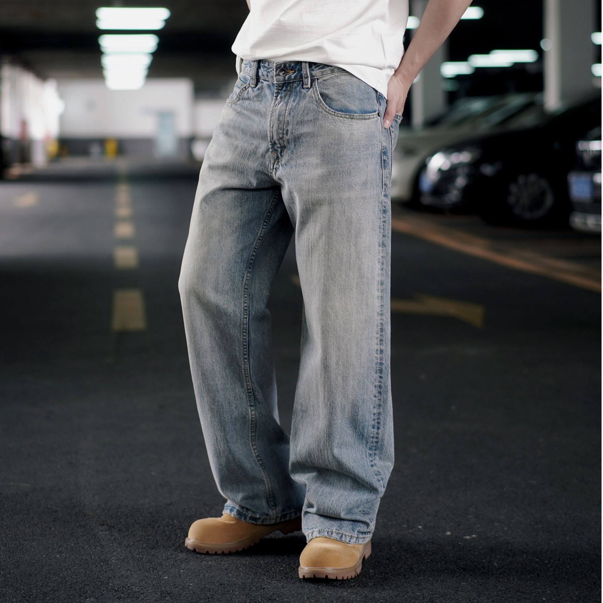 【赤耳】Baggy12盎司冈山赤耳竹节纹直筒宽松裤子牛仔裤男生夏季