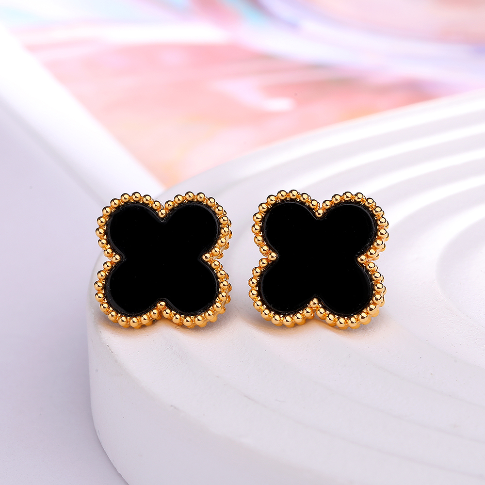 【佳佳专属】18k金豪镶黑玛瑙13mm四叶耳钉