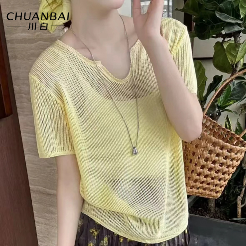 CHUANBAI川白夏季新款亚麻水滴领纯色净版镂空短款针织短袖