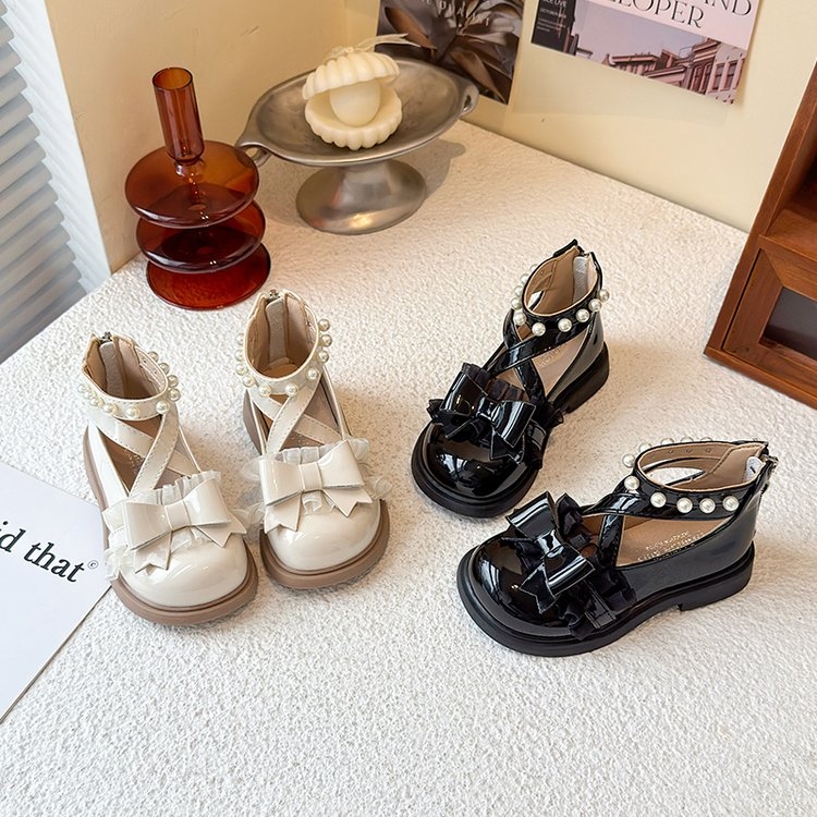 女童罗马皮鞋2025春秋款小女孩蝴蝶结公主鞋宝宝珍珠软底单鞋5873