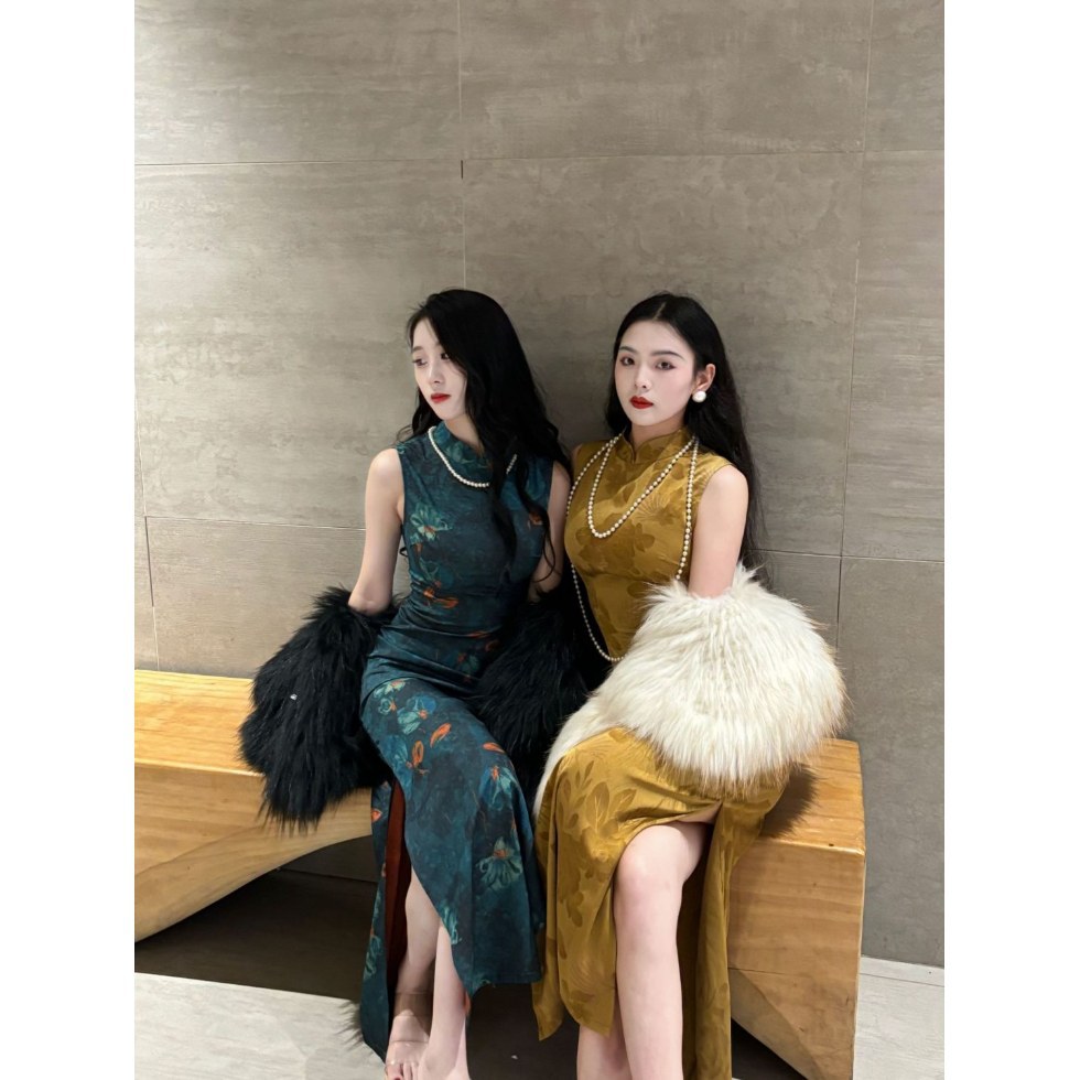 高级烫金缎面金色改良修身旗袍港工连衣裙 俏色金原创自制新中式