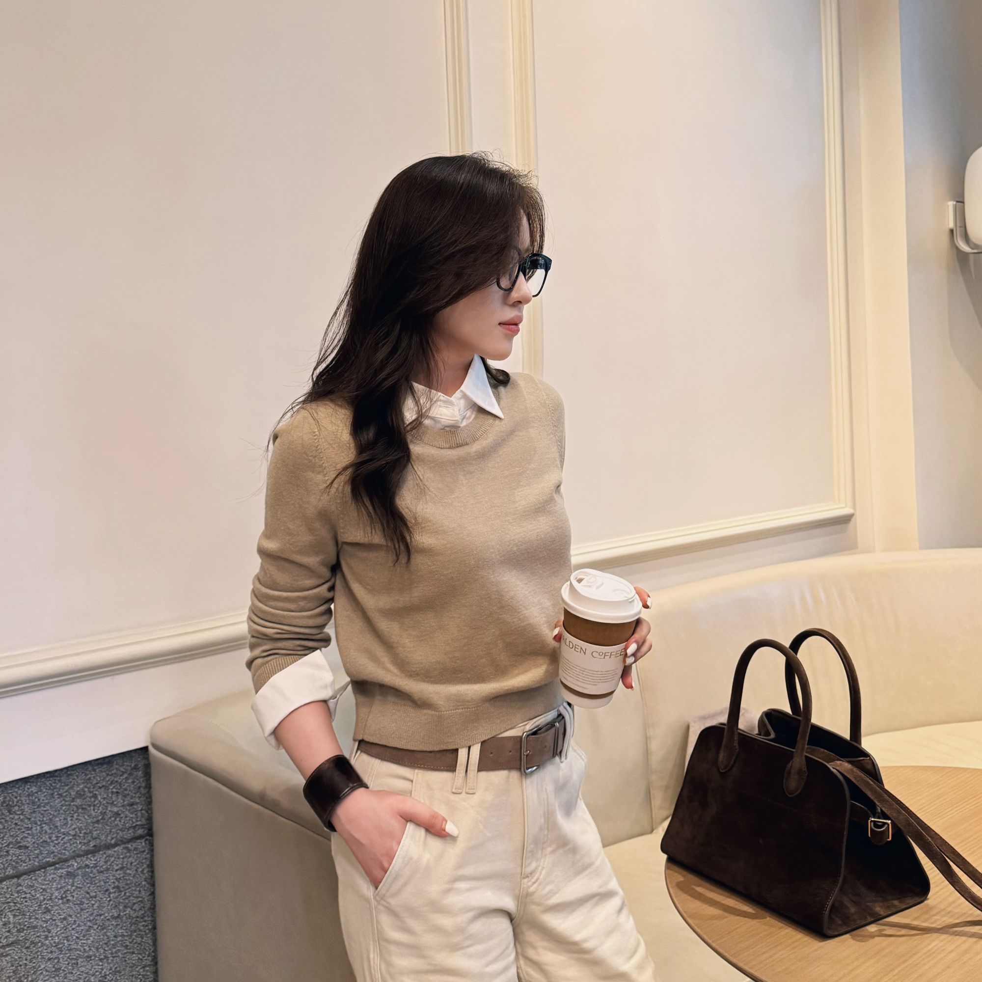 小敏「伦敦报刊」羊毛混纺简约叠穿假两件翻领长袖毛衣UTAZ1064