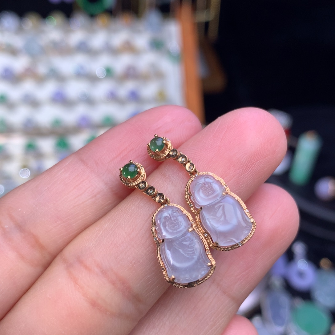 翡翠耳饰18K金镶嵌童子耳坠