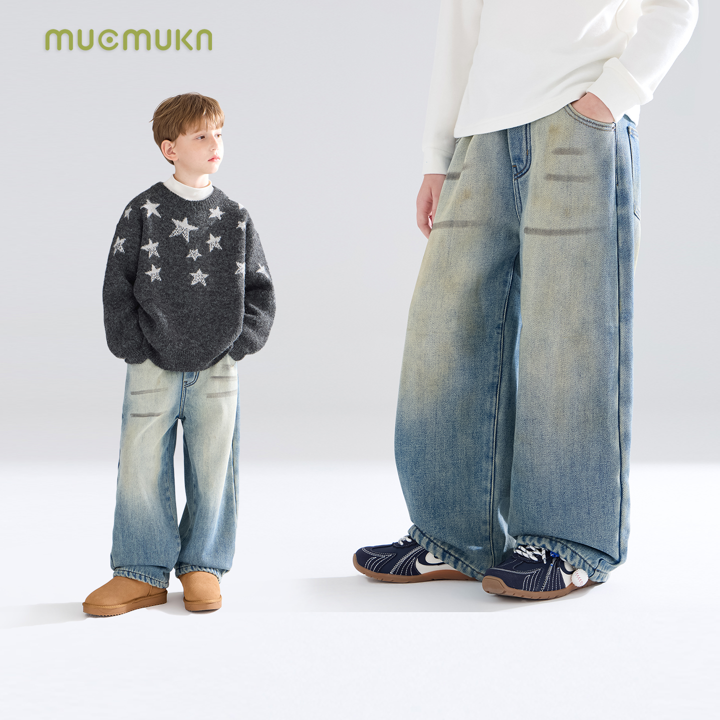 MUCMUKN加绒做旧软牛仔裤厚实保暖百搭男女童冬新款M54ZK5522