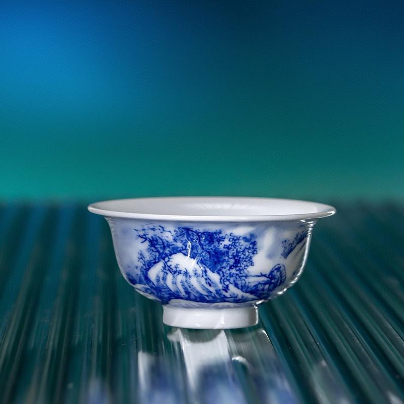 九段烧妙手青花雪景小撇口杯茶杯
