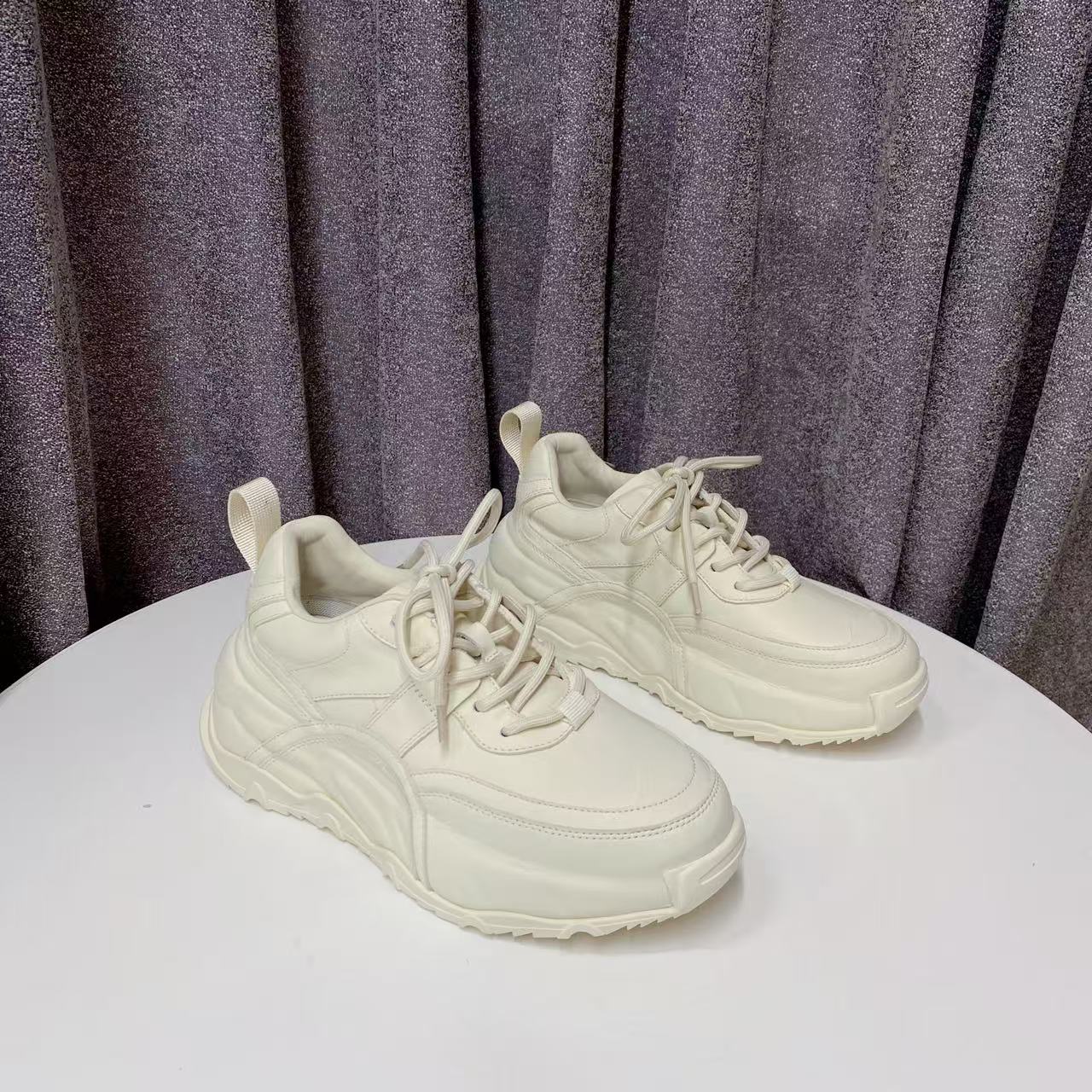 【表弟严选】C3419 米白色 高端时尚百搭圆头系带真皮老爹鞋 休闲鞋