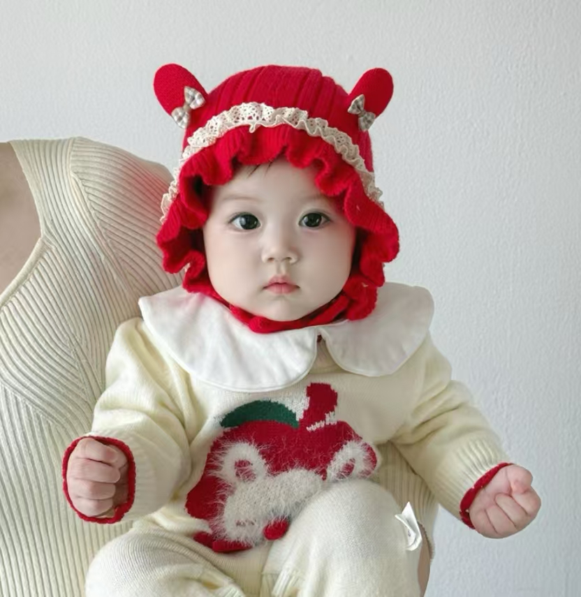 婴幼儿帽子秋冬季女童护耳花苞毛线帽保暖防寒可爱洋气套头帽新款