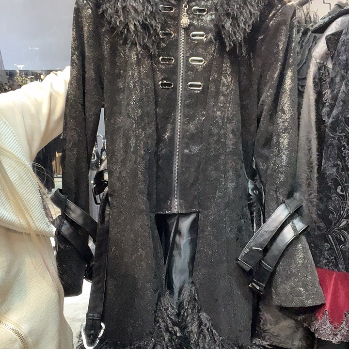 Df毛领风衣外套黑色