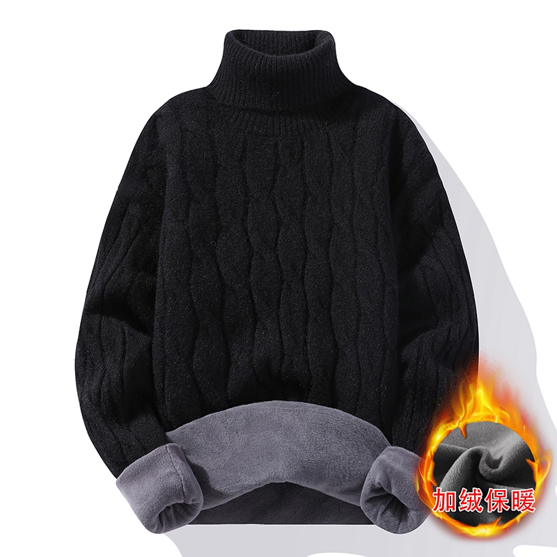 高级感男个性黑色高领毛衣加绒加厚麻花针织衫粗线衣打底学生保暖