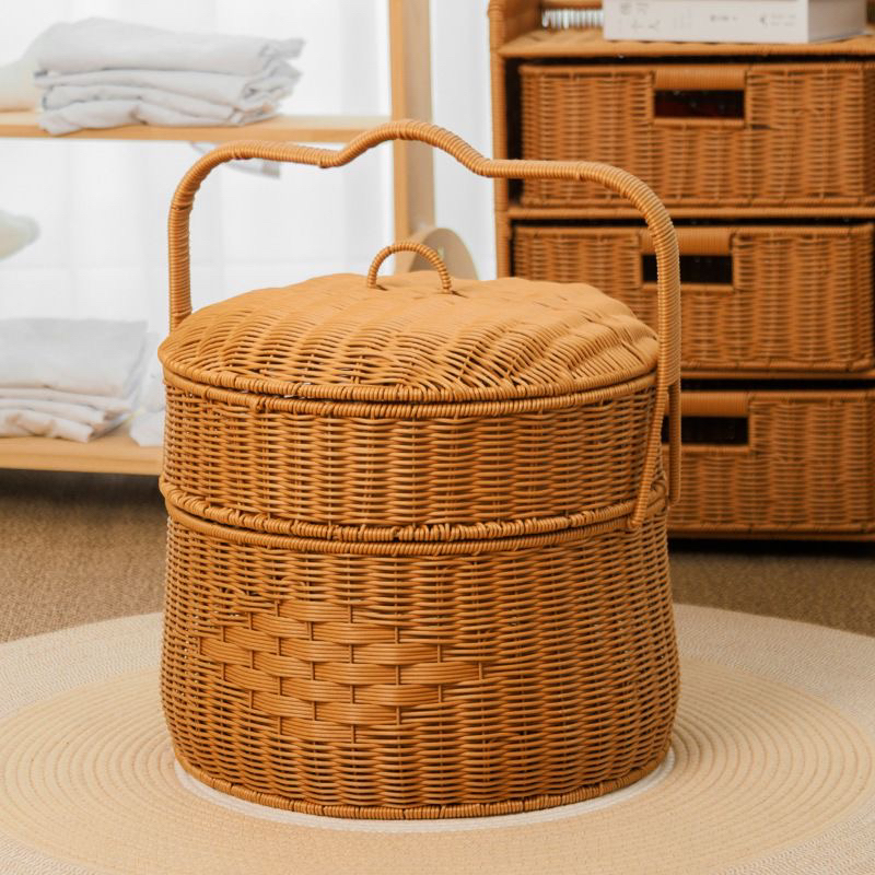 Q80户外野餐双层拜拜篮仿藤编织手提大容量买菜水果篮带盖购物篮