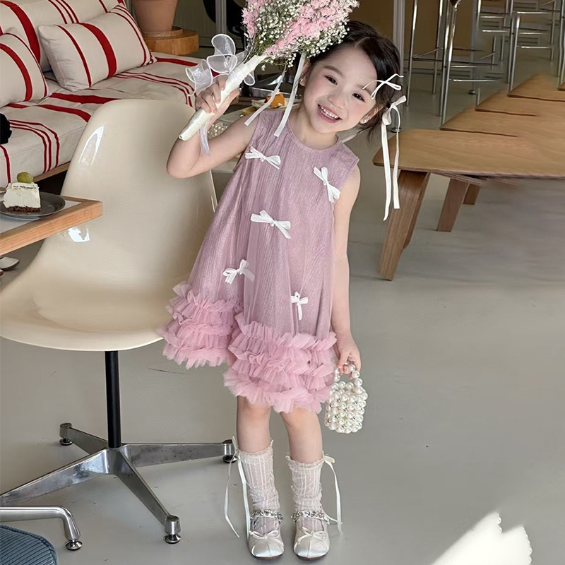 【安安家】女童公主裙无袖夏装网纱连衣裙甜美宝宝蝴蝶结裙子R25324
