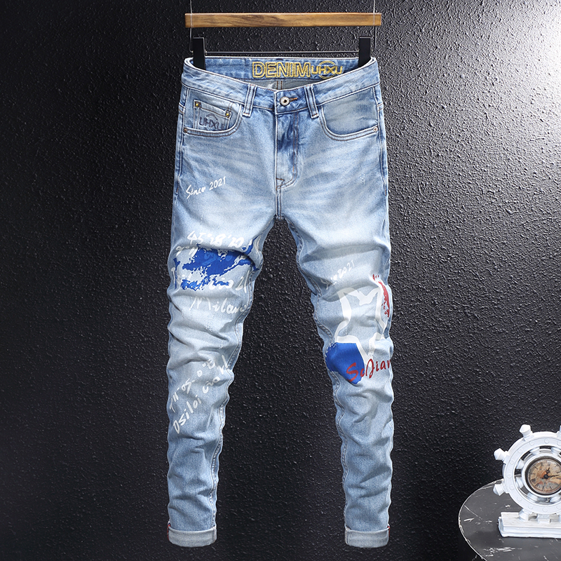 泼墨做旧印花男生牛仔裤弹力四季款