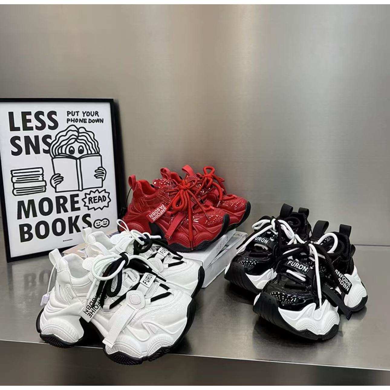 红色厚底漆皮女老爹鞋冬季透气松糕鞋增高百搭运动鞋