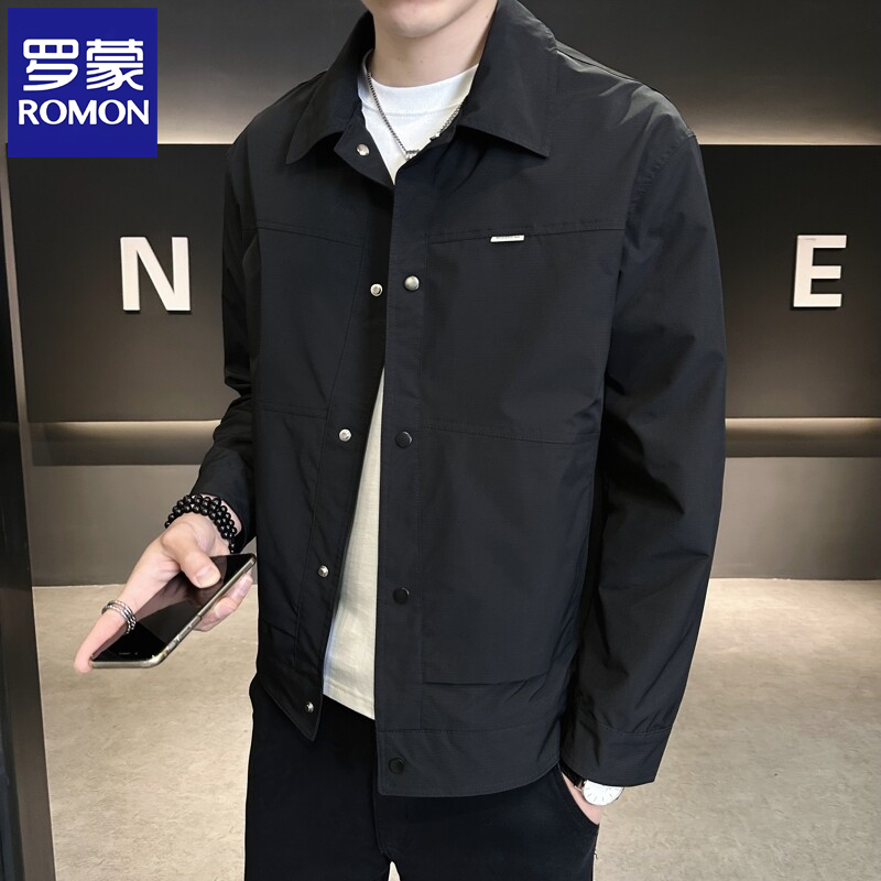 Romon/罗蒙春秋季新款复古翻领夹克男士韩版潮流休闲工装外套上衣