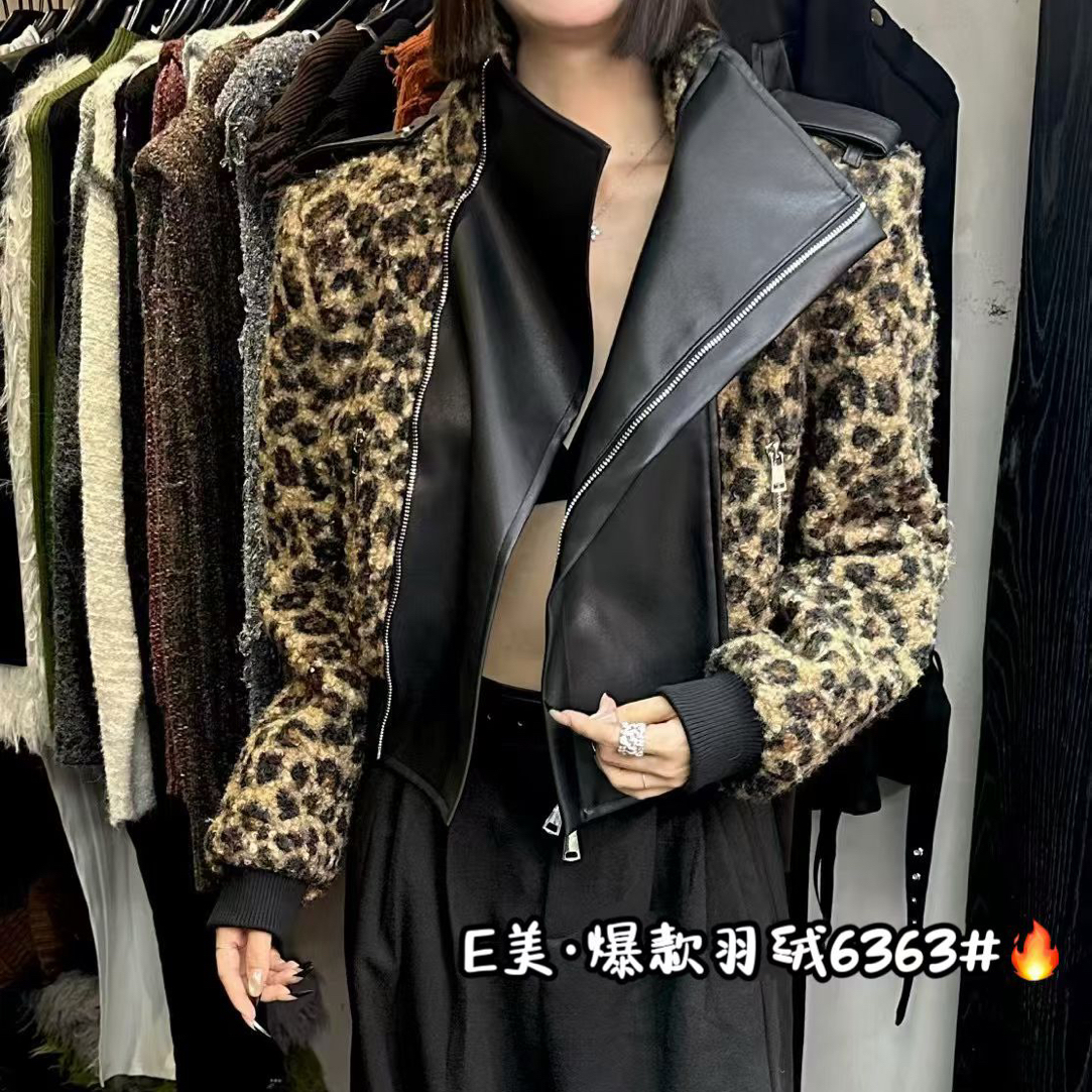 2052豹纹外套修身型冬季常规宽松型短外套立领