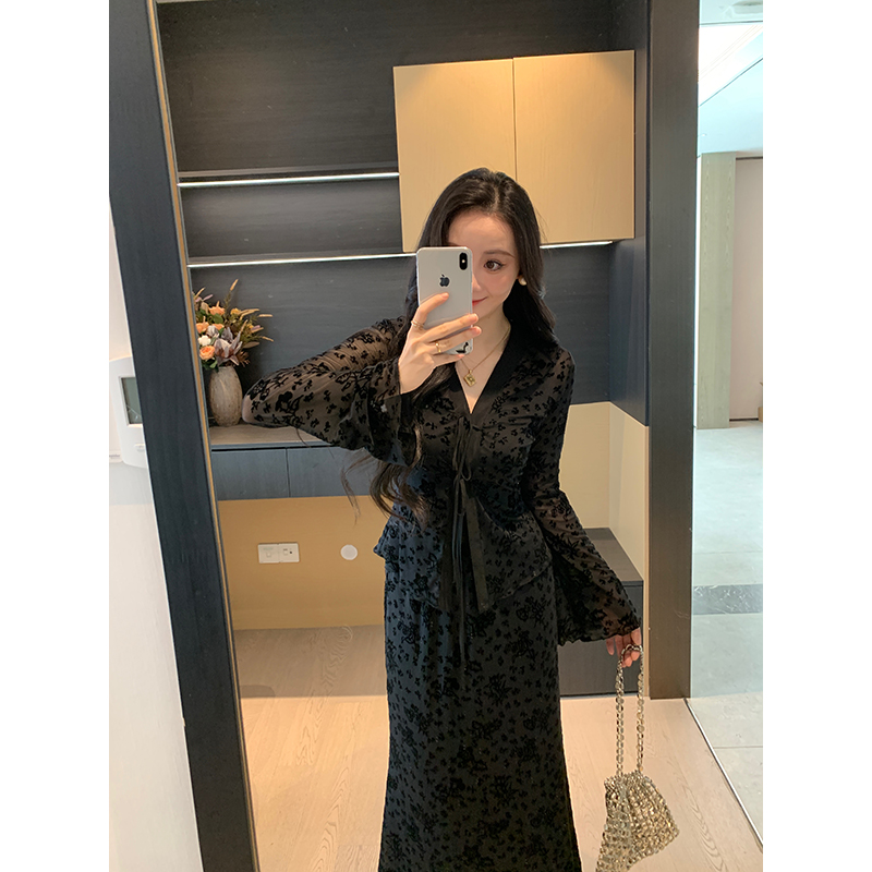 XINYI【花影迷踪】夏季植绒网纱上衣+吊带+半裙套装女X625A12072