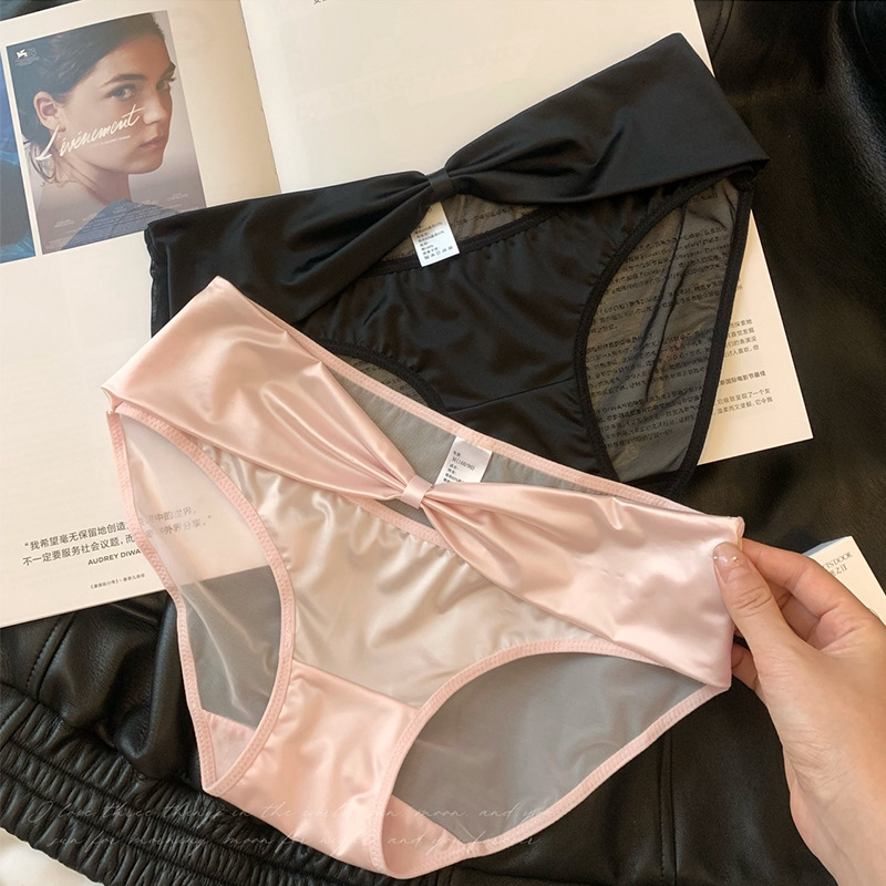 蝴蝶结镂空缎面纯欲风内裤女2024新款性感蕾丝低腰包臀网纱三角裤