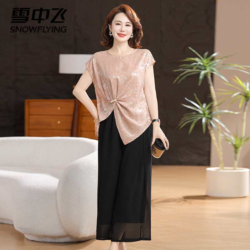 雪中飞妈妈夏装短袖上衣套装2025新款中老年女装夏季洋气小衫t恤H