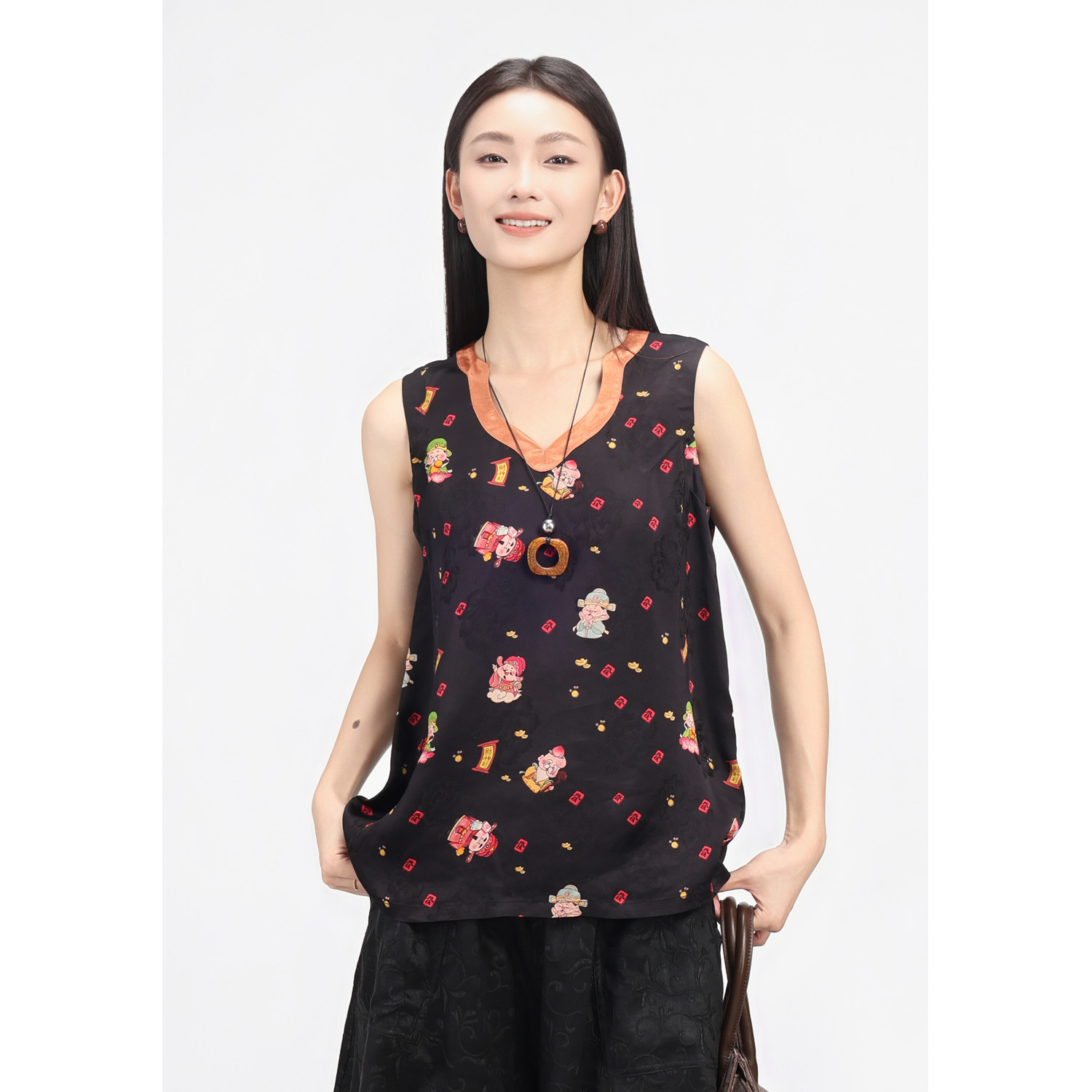 矝羽轩JINYU矜羽【风雅来客-福到】国风黑色上衣马夹女夏季时尚女士