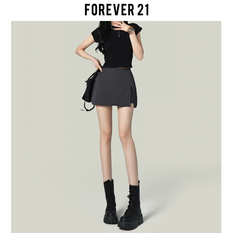 Forever21美式灰色A字开叉西装半身裙女复古高腰防走光包臀短裤裙