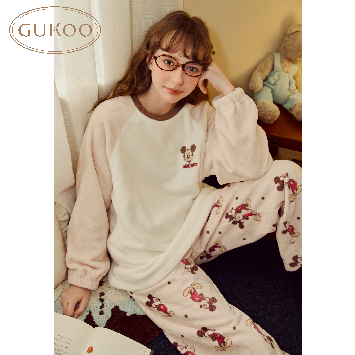 【Gukoo果壳】米奇联名睡衣秋冬季加绒保暖甜美卡通女士家居服套装