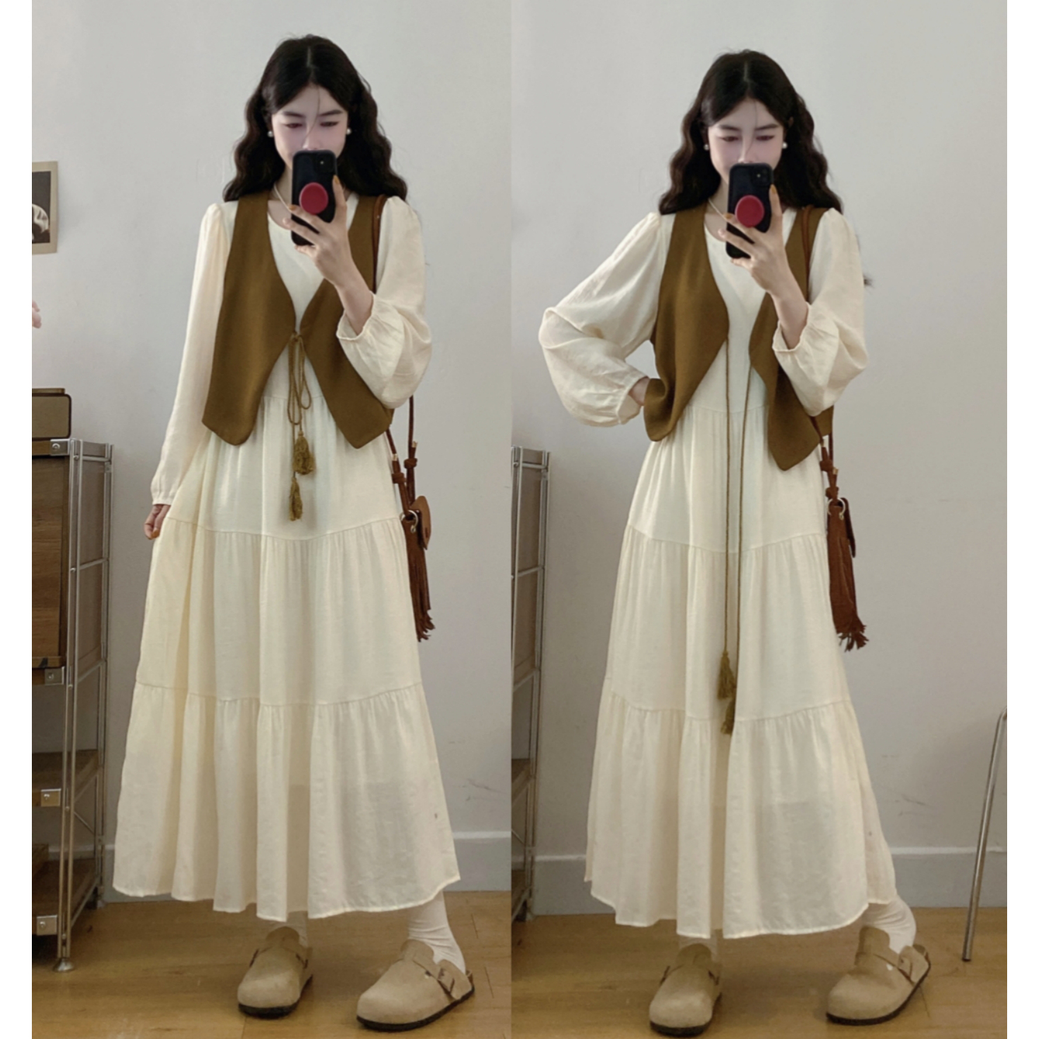 大码早秋新款长袖连衣裙套装马甲文艺宽松显瘦套装