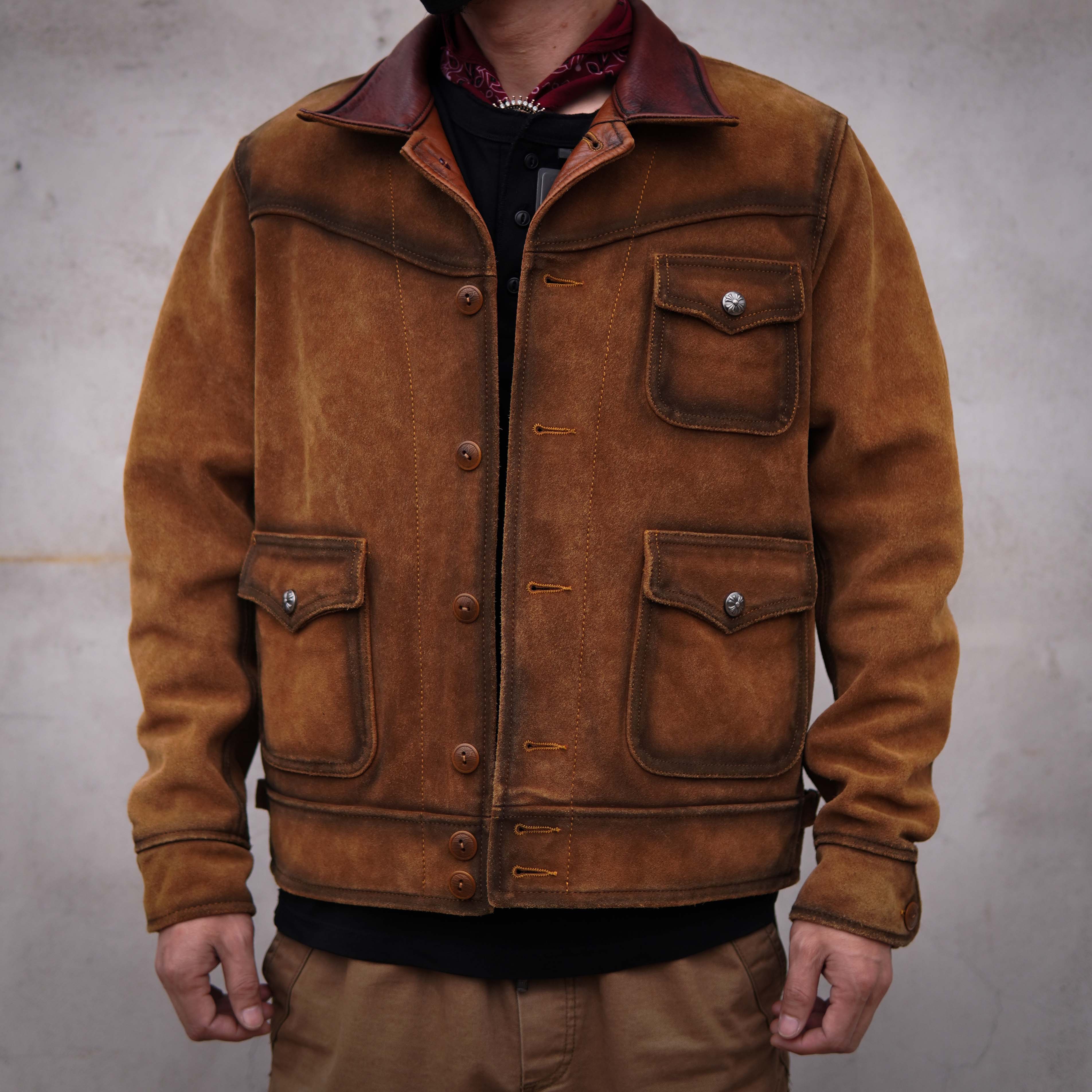 男士美式三兜黄牛皮反绒翻领真皮皮衣时尚做旧