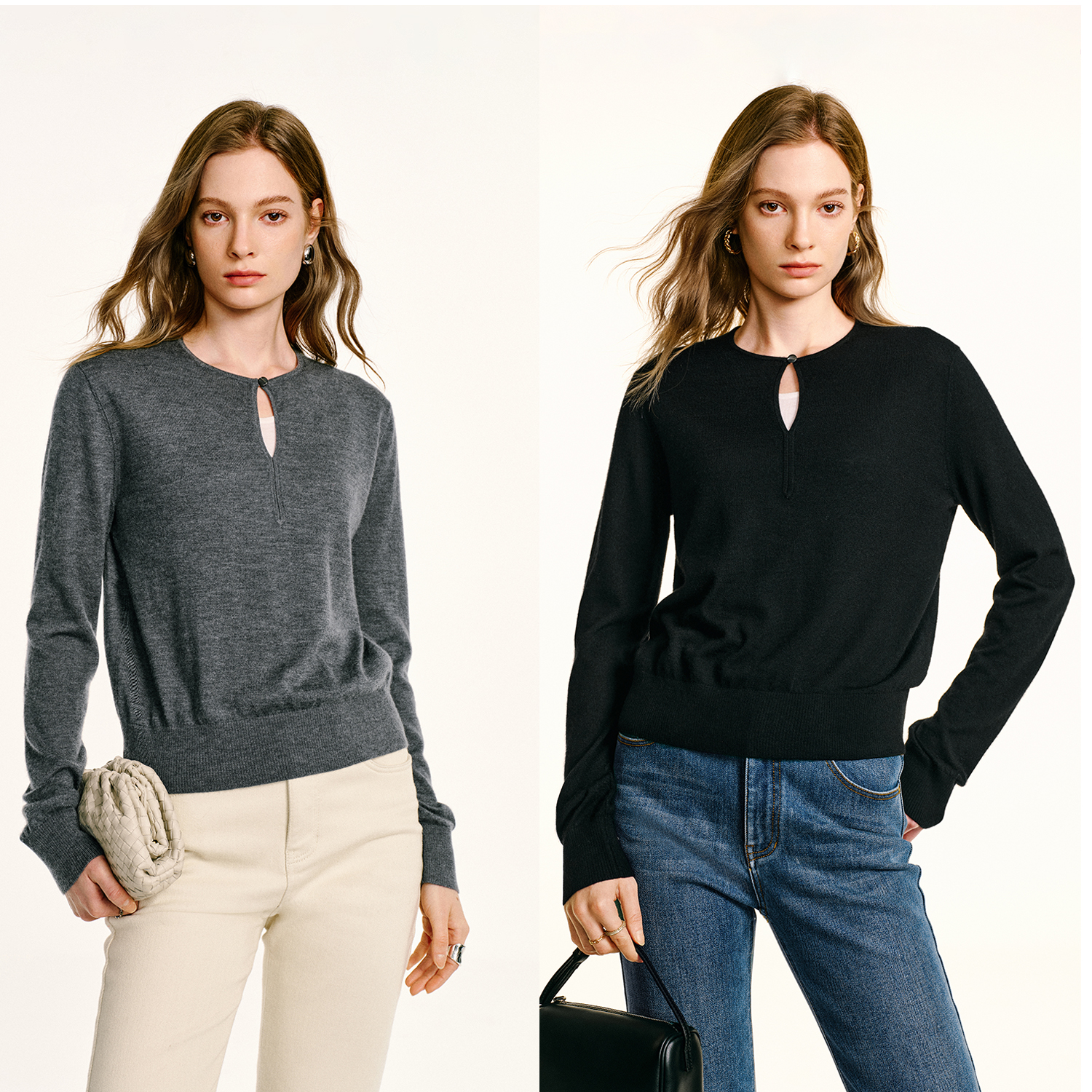 COKEYA/镇店精纯~16针1条毛精纺山羊绒小V领内搭针织打底衫女秋冬