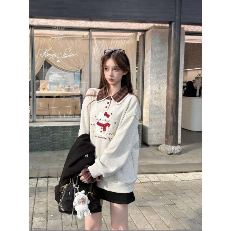 小慧 减龄加绒刺绣雪人猫咪翻领格子拼接休闲卫衣KI34