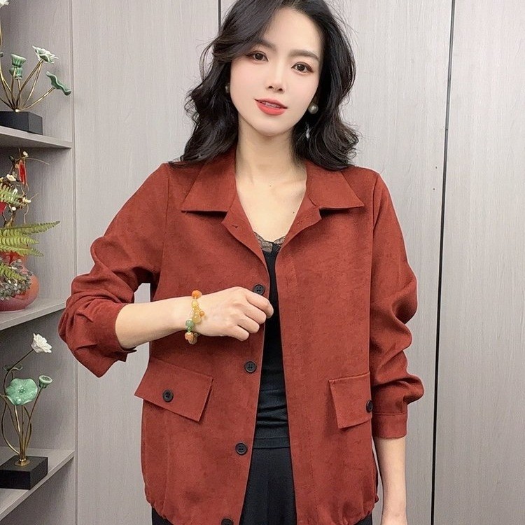 中年妈妈翻领短款外套女2025春新款时尚长袖夹克百搭休闲春秋上衣