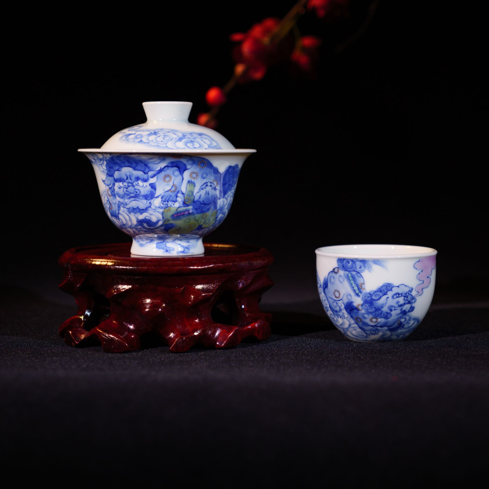 禄意窑青花斗彩狮子小盖碗缸杯主人杯手工手绘茶具陶瓷中式釉下彩