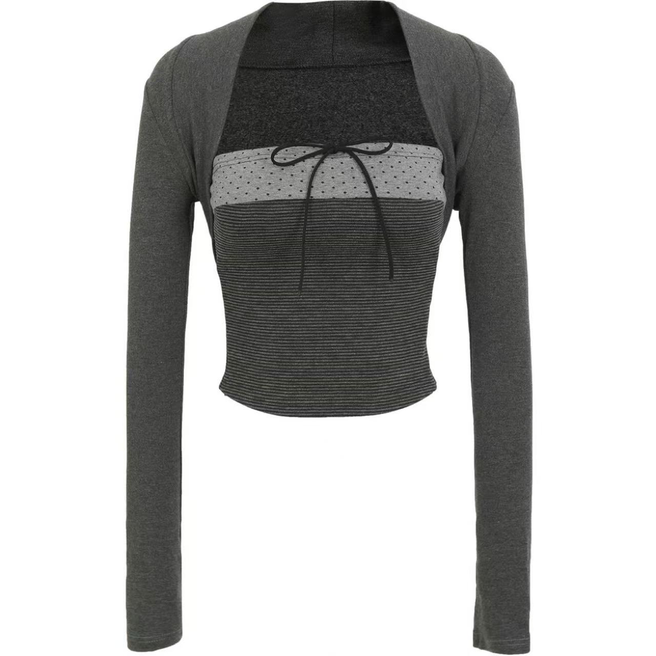 徐秋阳 微醺日记 撞色条纹蝴蝶结系带开衫上衣抹胸两件套15076