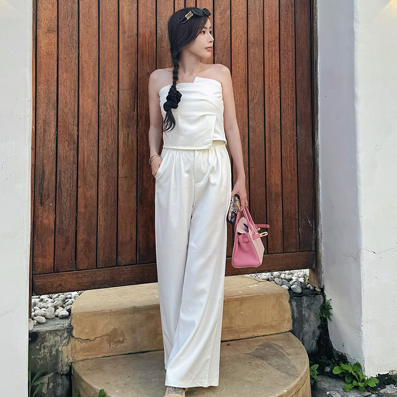 【周妮妮】法式性感不规则褶皱裹胸上衣夏季白色肌理高腰阔腿套装