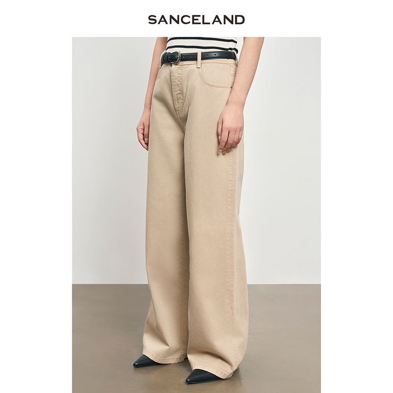 SANCELAND三石一澜新款纯棉休闲直筒阔腿牛仔裤显瘦女SJ12203040