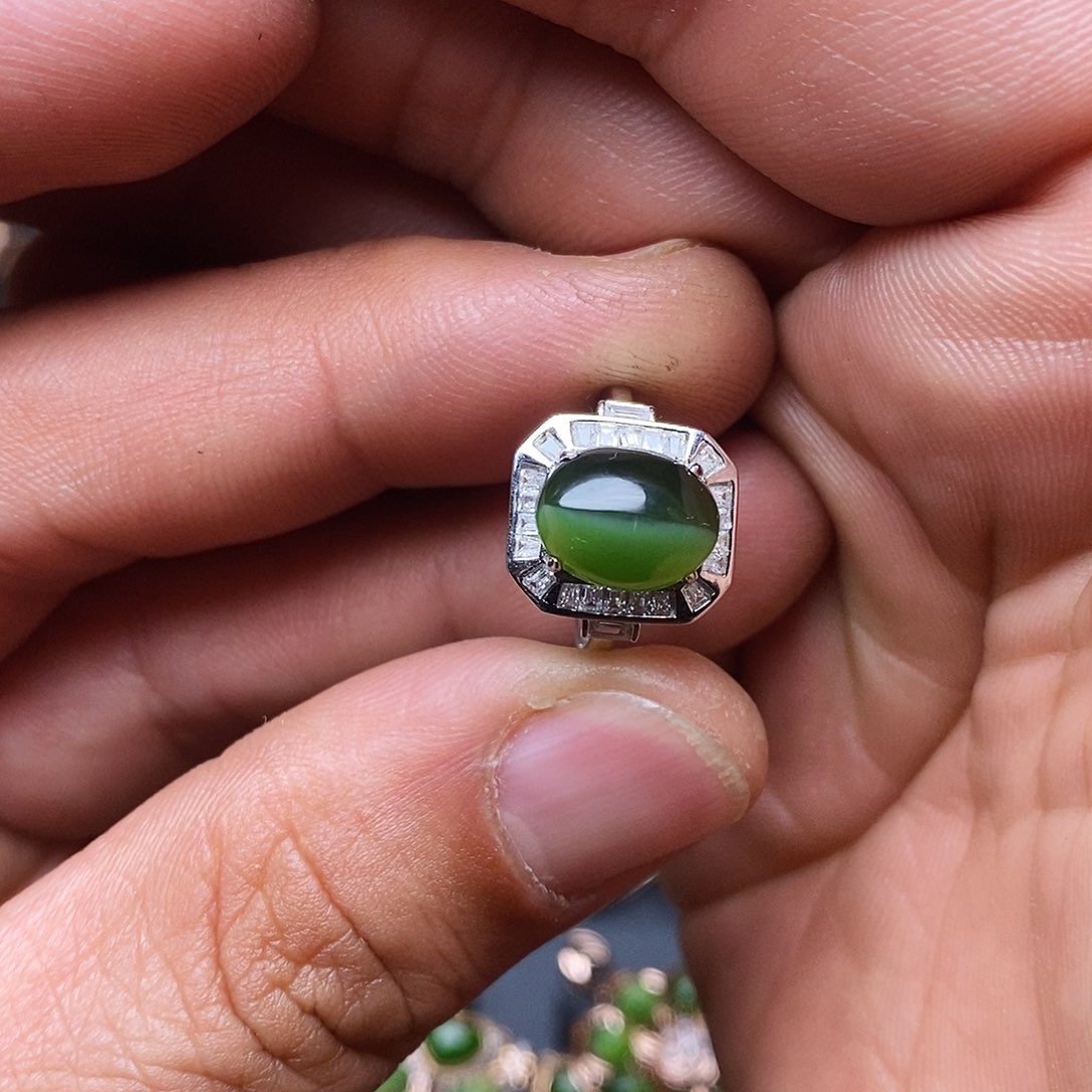 和田玉（碧玉）戒指银S925镶嵌