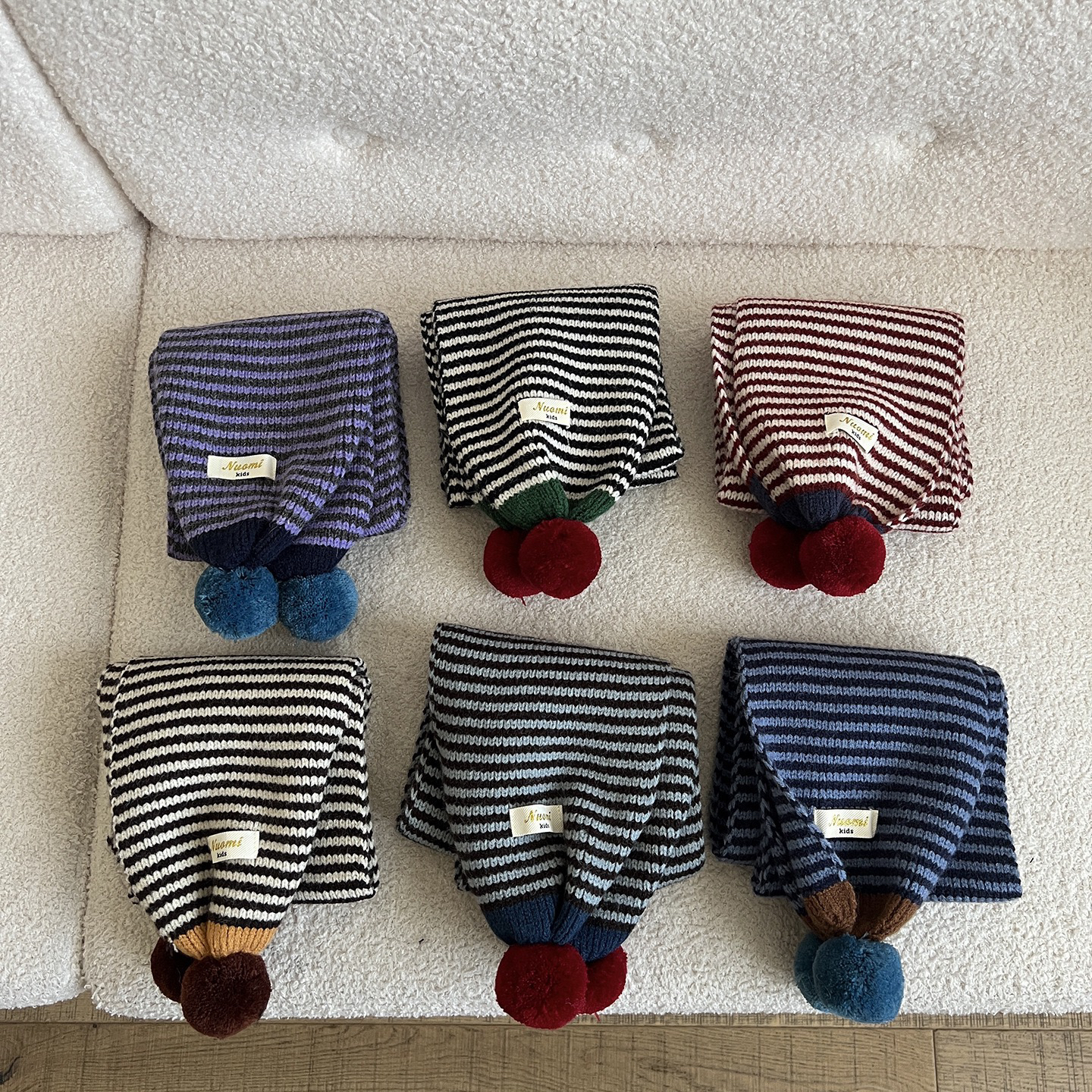 Fanybaby秋冬撞色儿童条纹围巾彩色毛球宝宝围脖男女童