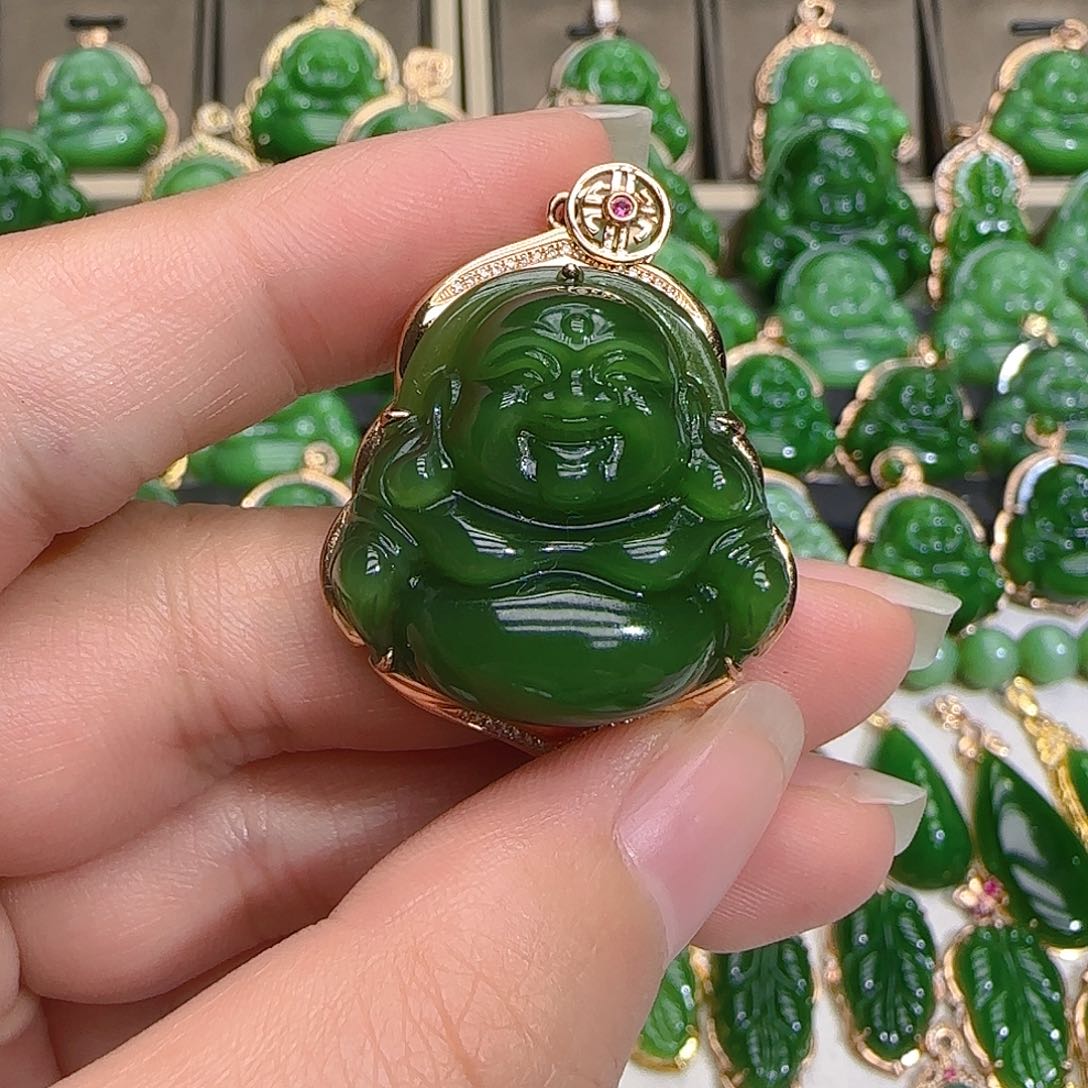 和田玉（碧玉）吊坠(不含链)18K金镶嵌苏*遮