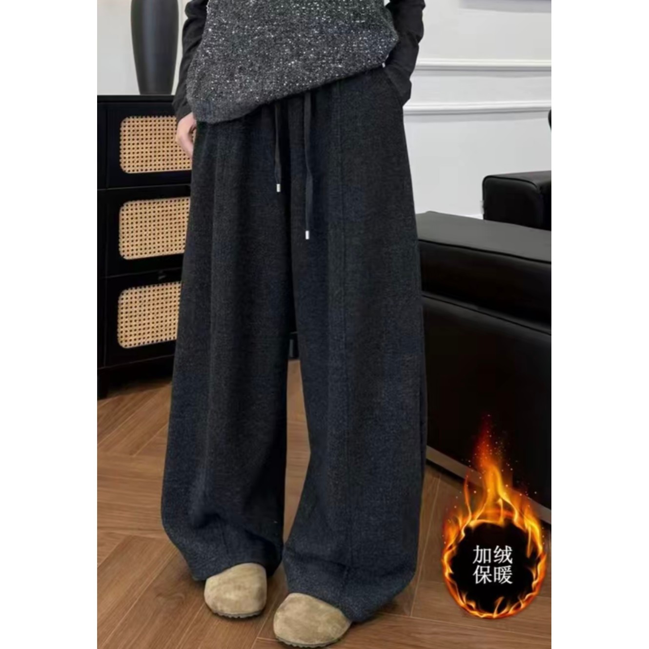 抽绳松紧腰弯刀裤加绒加厚秋冬新款休闲毛呢韩版弯刀长裤
