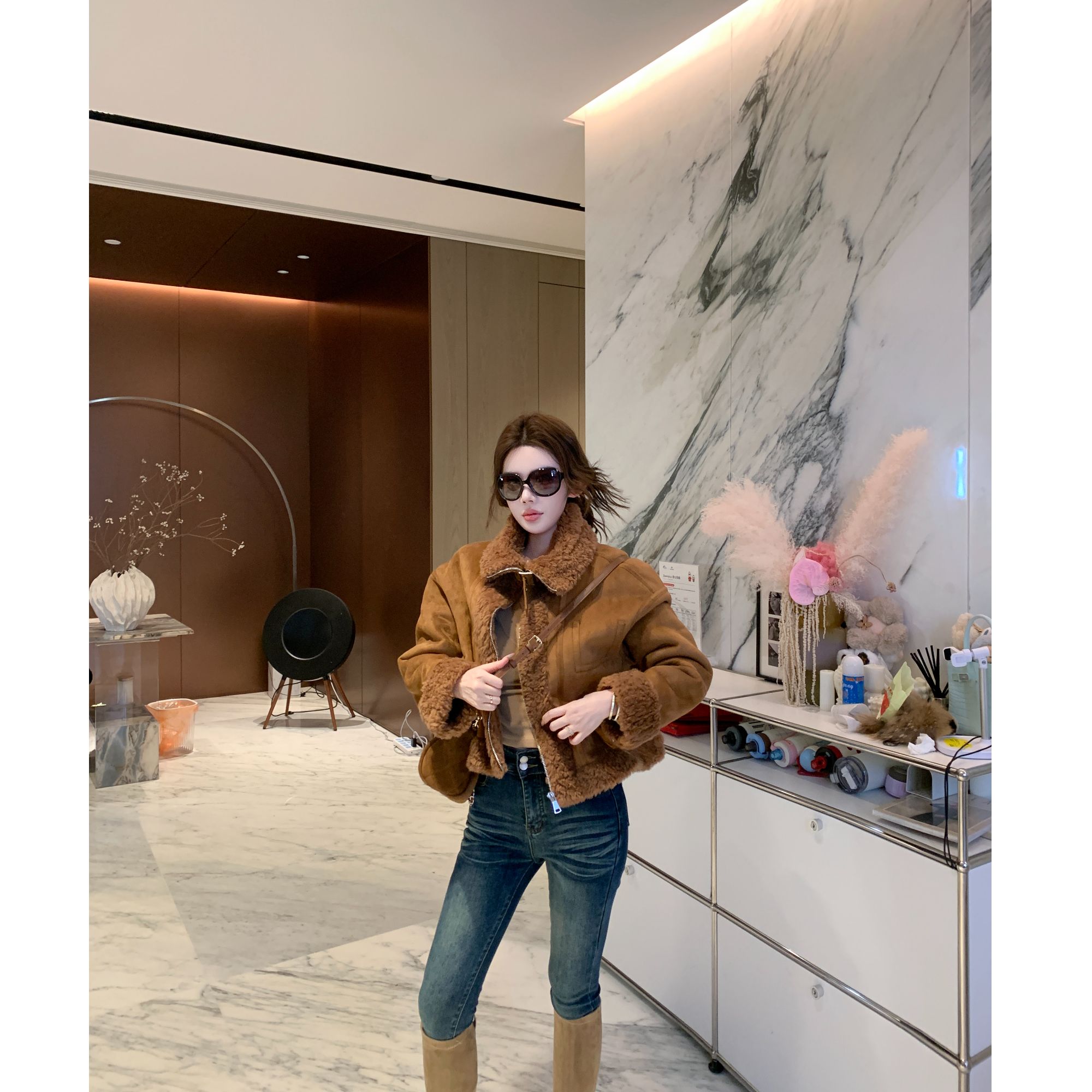 媛媛 【港岛日落】秋冬新款时尚短款100绵羊毛外套#W1041