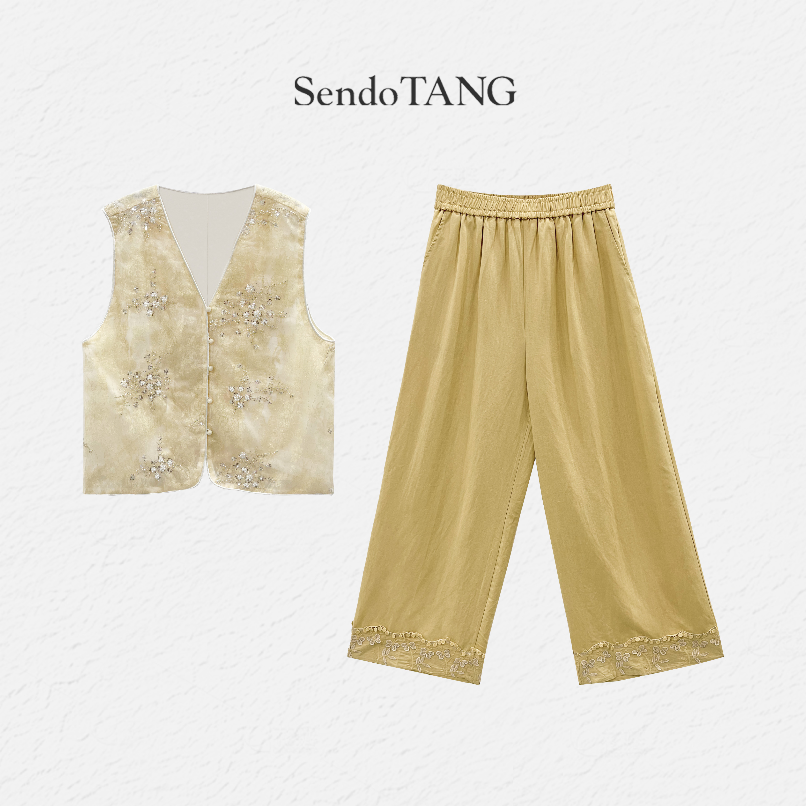 重工珠花刺绣【玉面】胖多女装新款时尚高级感百搭马甲裤子套装